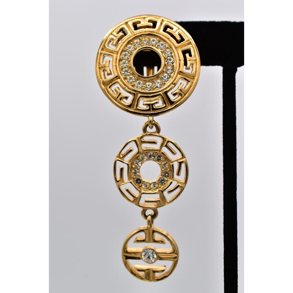 Givenchy Vintage Runway Logo Drop Clip On Earrings Gold Rhinestone Dangle Bin5 - Picture 6 of 12
